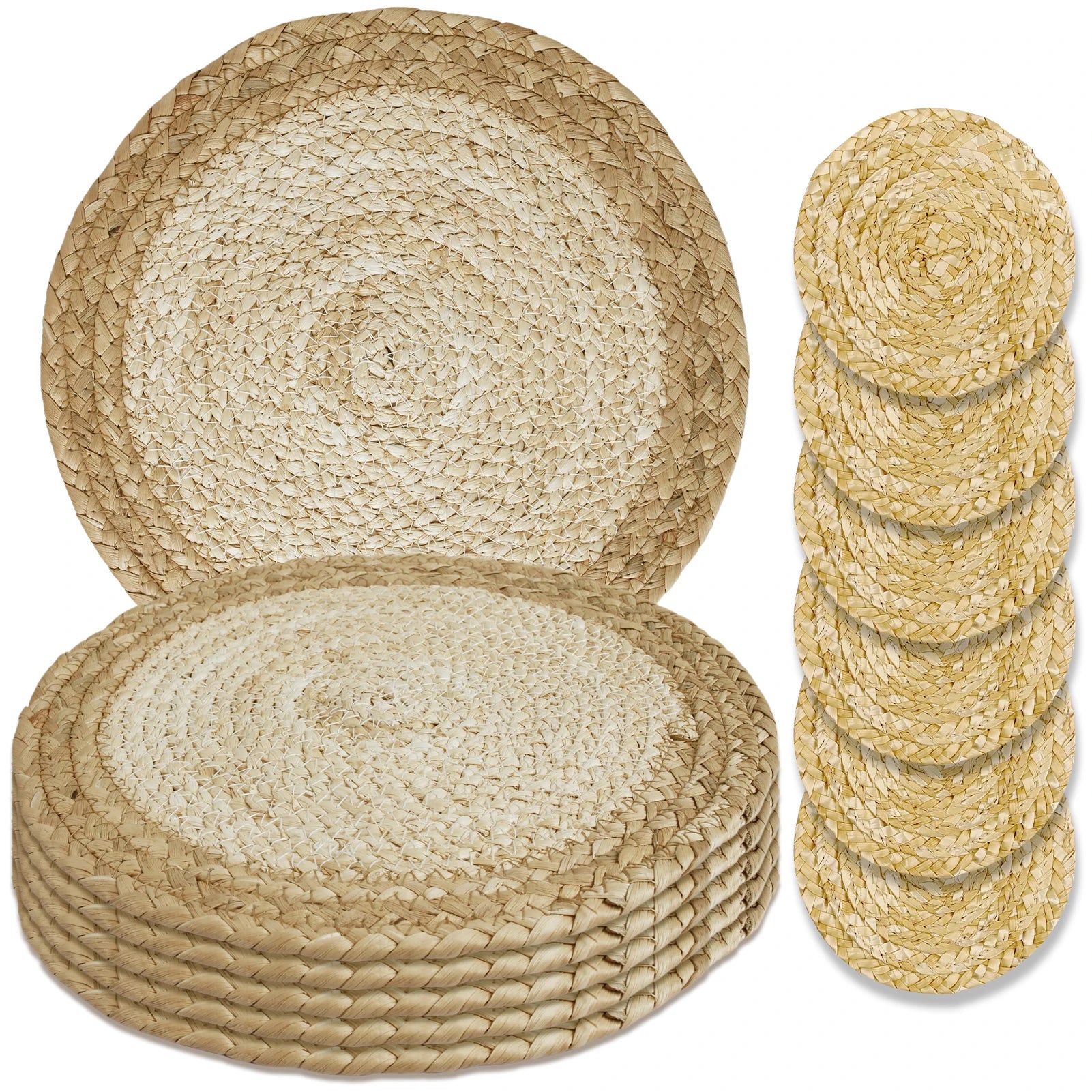 Set of 6 30cm Round Handwoven Rattan Placemats Heat Insulation Natural Wicker Woven Table Pot Mats For Dining Home Wedding Decor Peaceful Pleasures Health and Wellness 6pc C with coaster 30cm