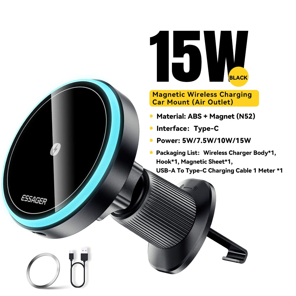 Essager Magnetic Wireless Charger Car Phone Holder 15W RGB Seven Color Light Fast Charging Mount Stand For IPhone15 14 13Android Peaceful Pleasures Health and Wellness CFK