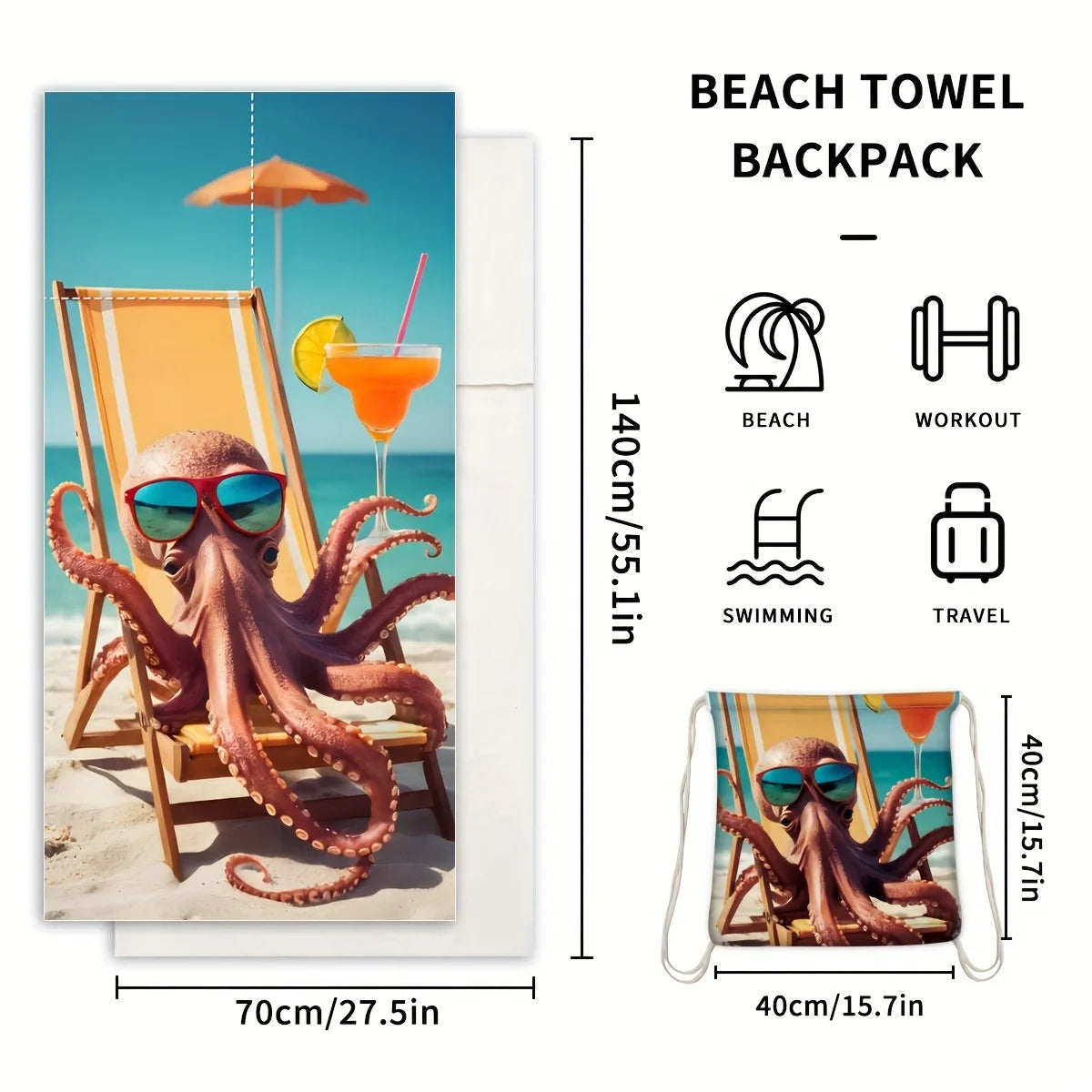 2-in-1 Foldable Beach Towel with Storage Bag | Printed Design Foldable Beach Towel Peaceful Pleasures Health and Wellness