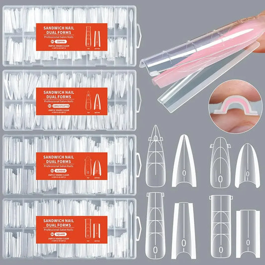 256Pcs/Box Sandwich Nail Dual Form Nail Tips Quickly Building Gel Form Nail System Full Cover Tips Nail Extension Form Kit Peaceful Pleasures Health and Wellness