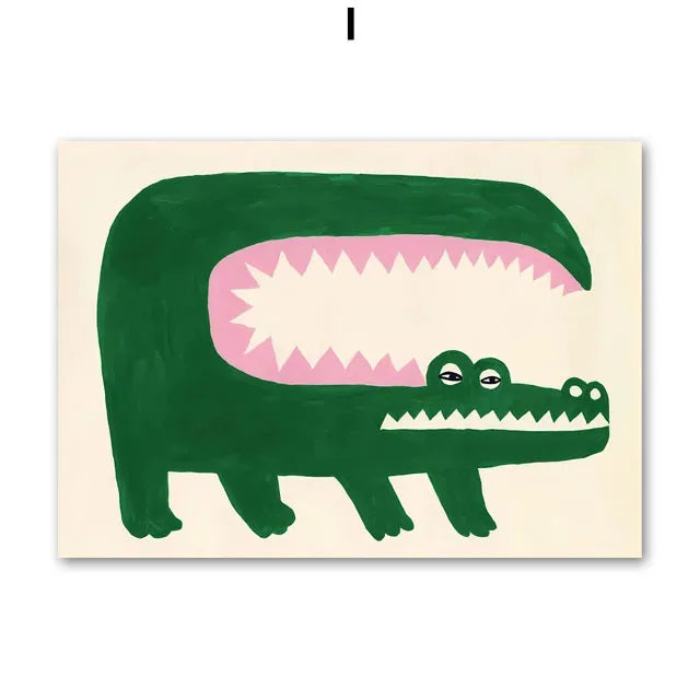 Crocodile & Fish Minimalist Canvas Wall Art | Colorful Home Decor