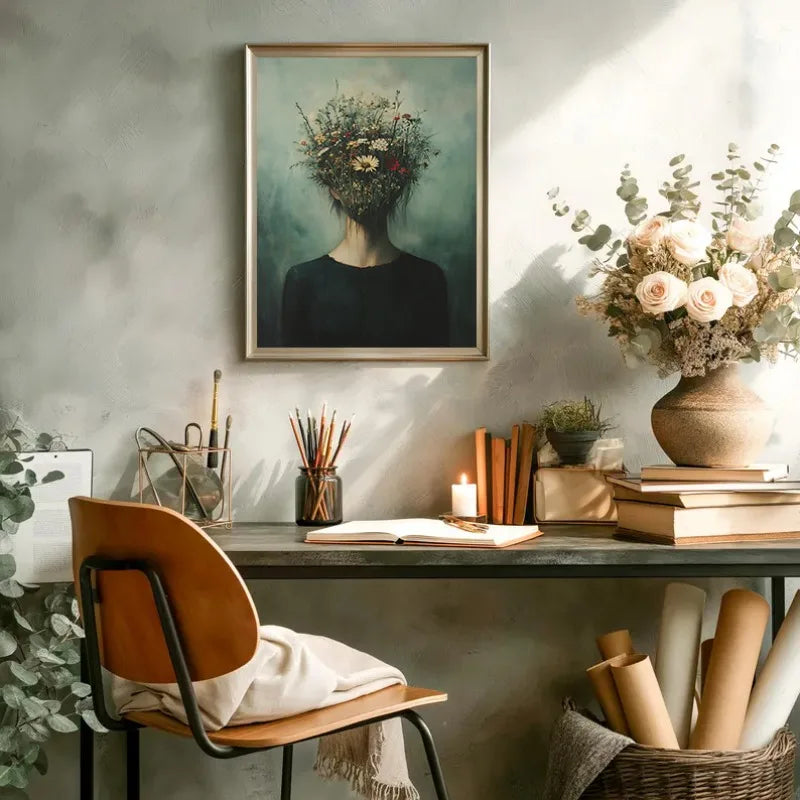 Boho Floral Bird Girl Portrait Canvas Wall Art | Nordic Print