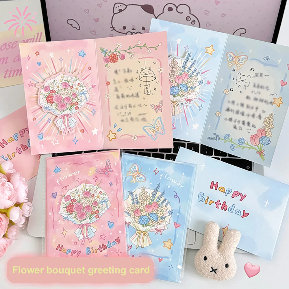 4 Sets Cartoon Flower Greeting Cards Envelopes 3D Foldable Blessing