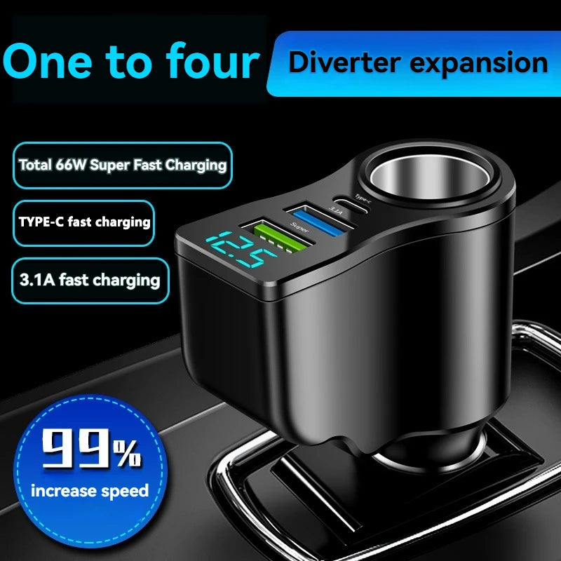 4-in-1 66W USB-C Car Charger with Digital Display & Splitter