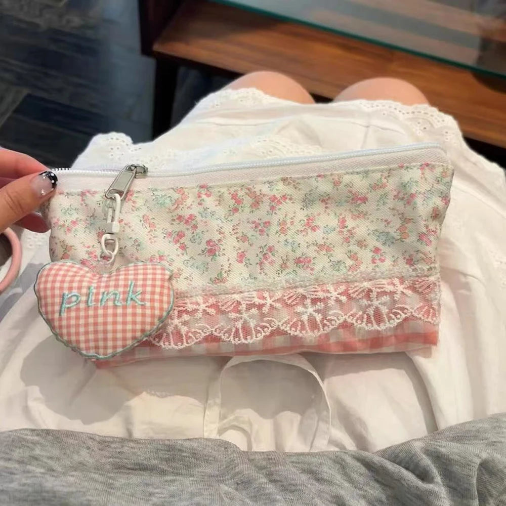 Fresh Lace Pink Floral Bow Pencil Case Ins Student Stationery Storage