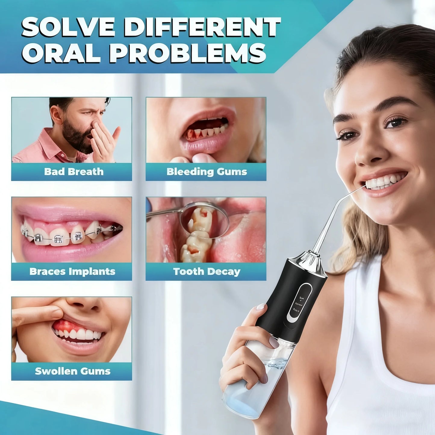 Oral Irrigator Portable USB Rechargeable Dental Water Flosser Water Jet Floss Tooth Pick 4 Jet Tip 220ml 3 Modes IPX7 Waterproof Peaceful Pleasures Health and Wellness
