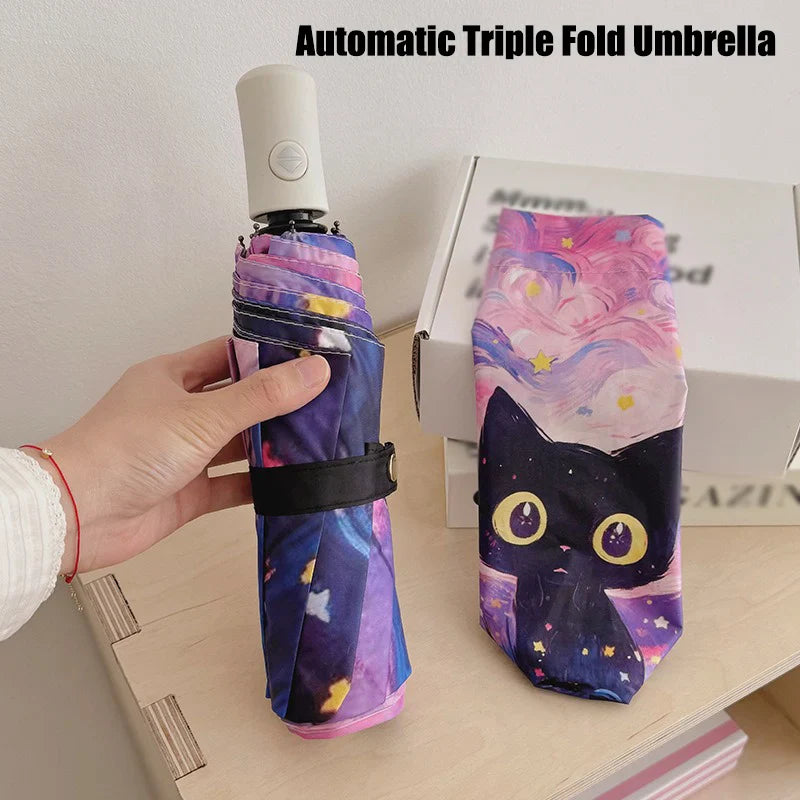 Cartoon Cat Pink Folding UV Umbrella – Auto Open, Sun & Rain