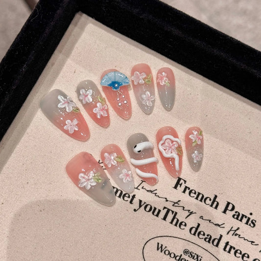 3D Flower Snake Press-On Nails | Almond Gradient False Nails Press-On Nail Set Peaceful Pleasures Health and Wellness XS