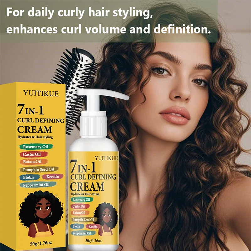 YUITIKUE 7-in-1 Curl Defining Cream with Rosemary Oil Castor Oil Hydrating Hair Styling Cream for Curly Hair 50g Peaceful Pleasures Health and Wellness