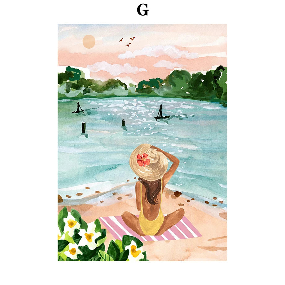 Summer Beach Leisure Holiday Fashion Wall Art Canvas Painting Nordic Poster Room Decor Tropical Watercolor Sunbathe Surfing Peaceful Pleasures Health and Wellness T80396-07 30x40cm Unframed