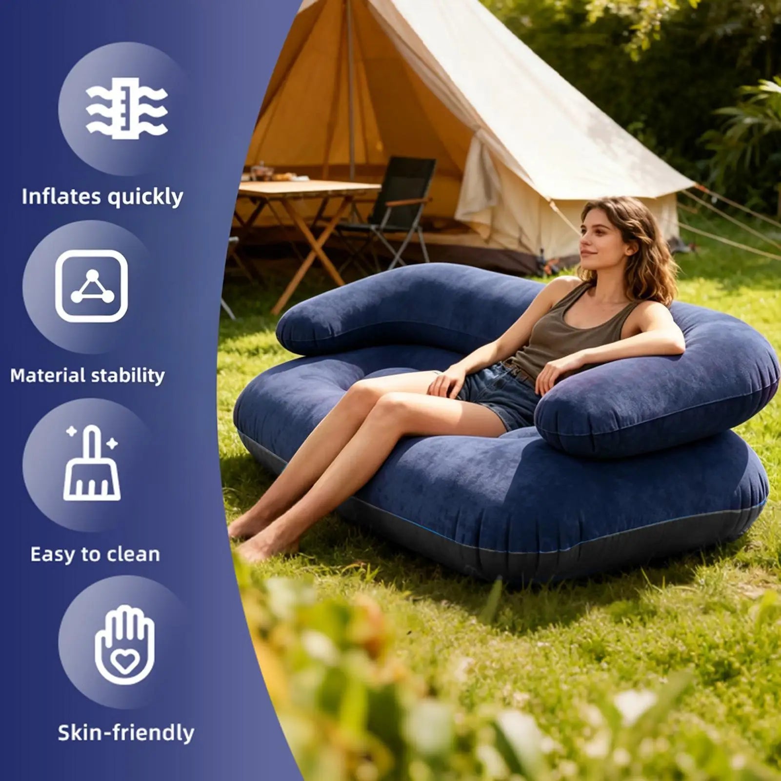Flocked Inflatable Sofa With Armrest Foldable Portable Blow Up Couch for Indoor Bedroom Outdoor Garden Camping Picnic Travel Peaceful Pleasures Health and Wellness