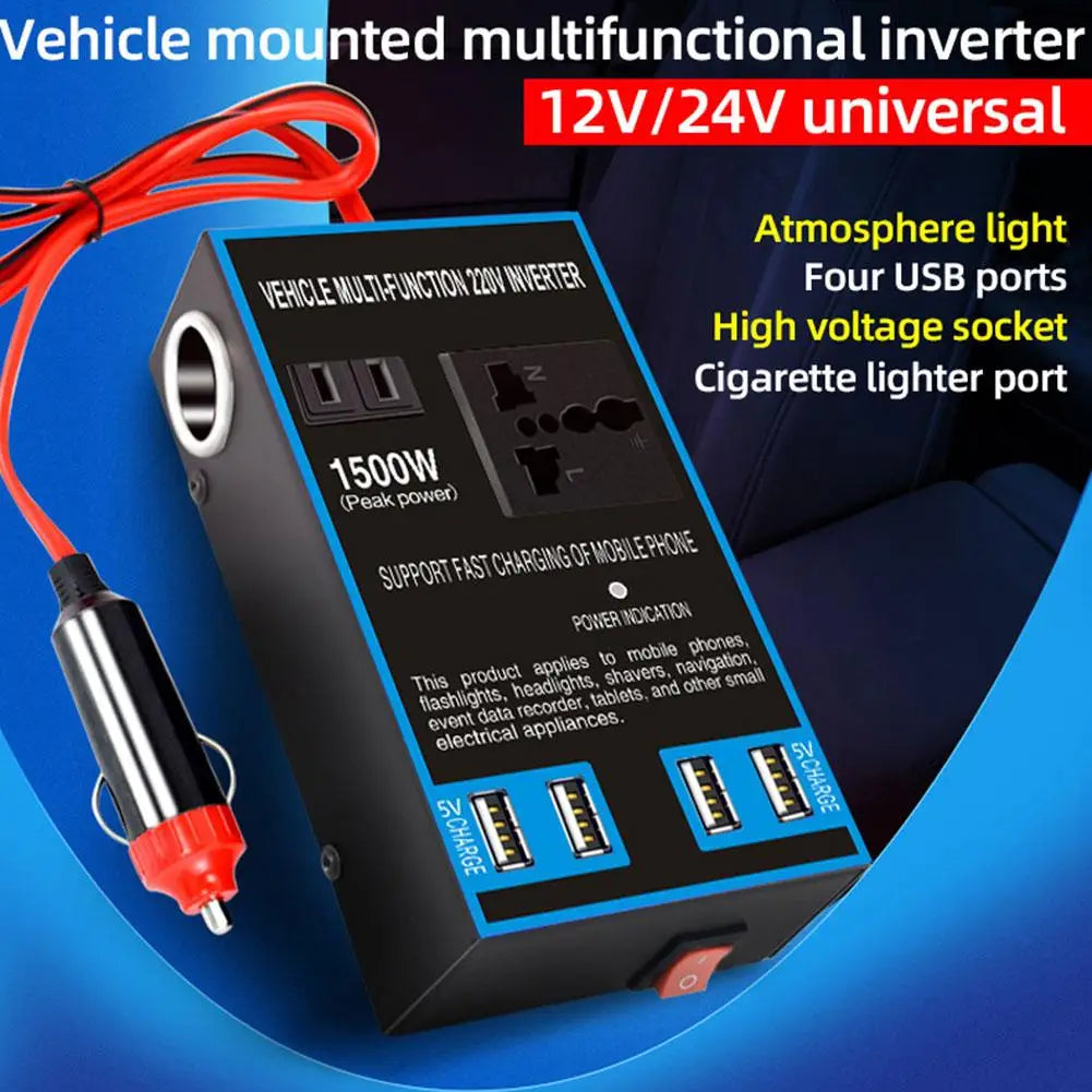 1500W Car Power Inverter 12V/24V to 110V/220V + 4 USB Ports