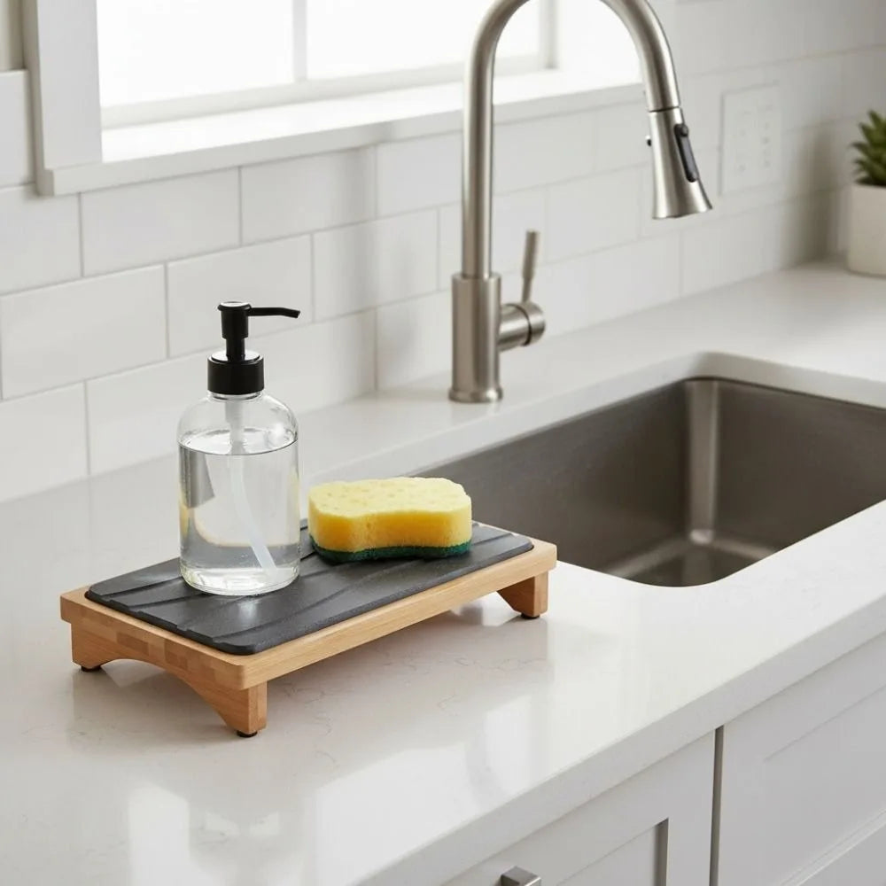 Diatomaceous Earth Drain Mat | Quick-Dry Stone Tray & Bamboo Rack