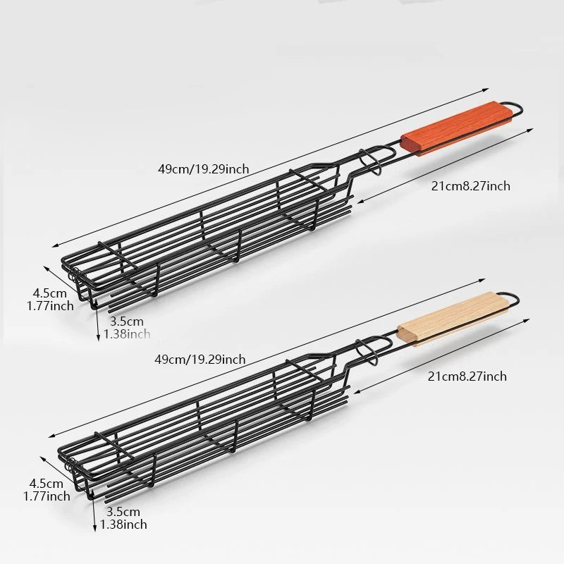 BBQ Grilling Basket – Non-Stick Steel, Rosewood Handle, Latch Closure, Portable Kebab Grill Mesh
