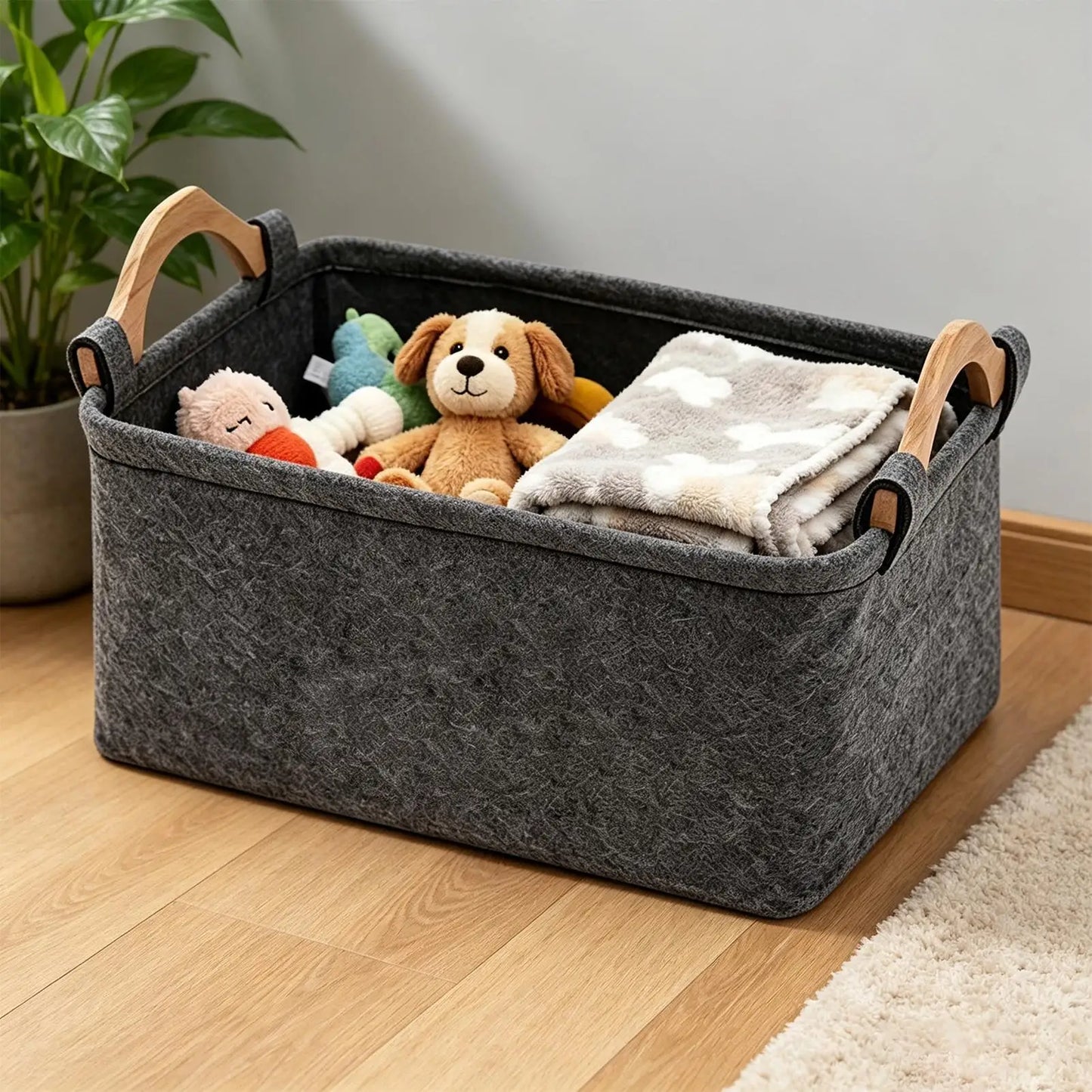 Felt Foldable Dog Toy Basket with Wooden Handle | Pet Storage