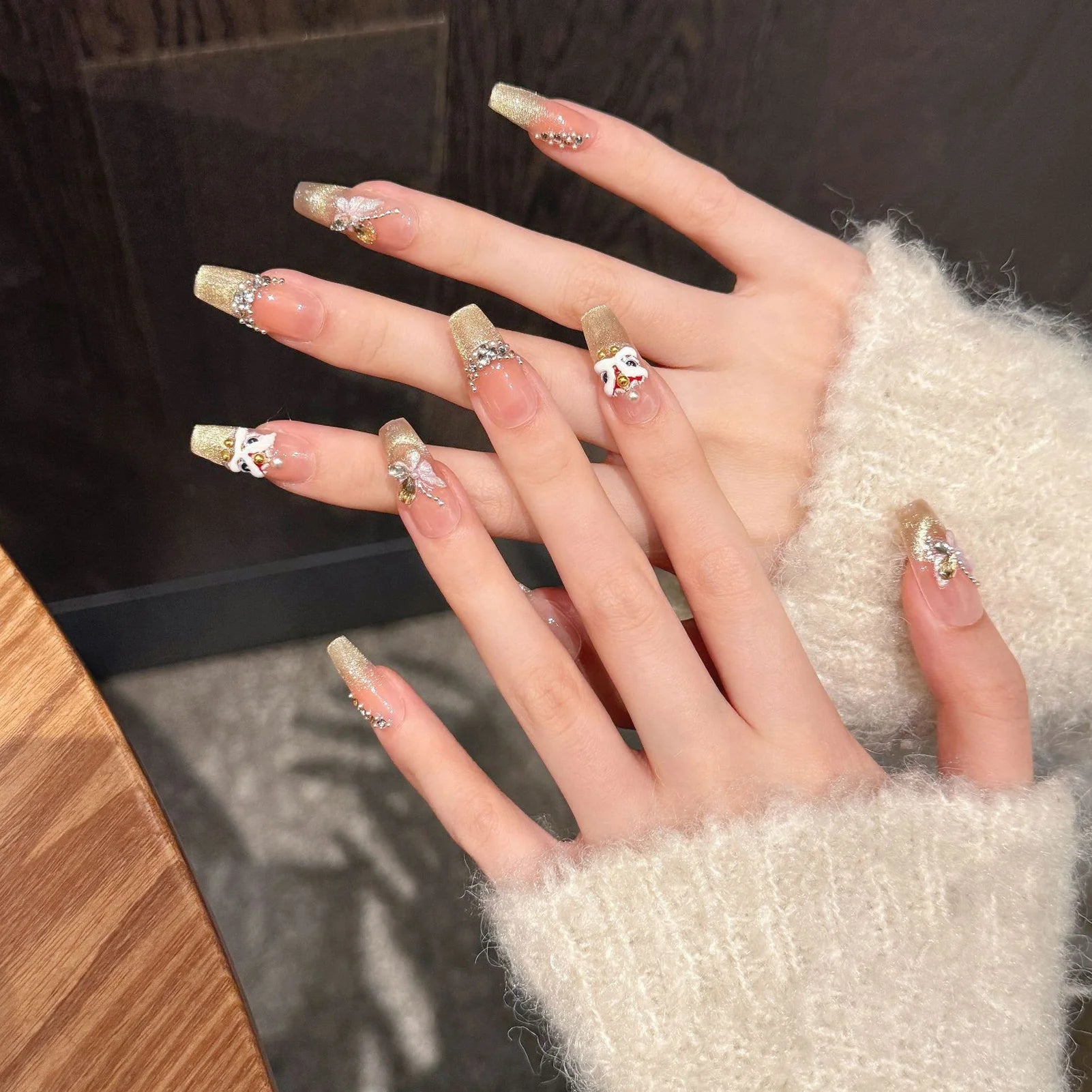 3D Lion Pearl Press On Nails | Cat's Eye Almond False Nails Press On Nail Set Peaceful Pleasures Health and Wellness