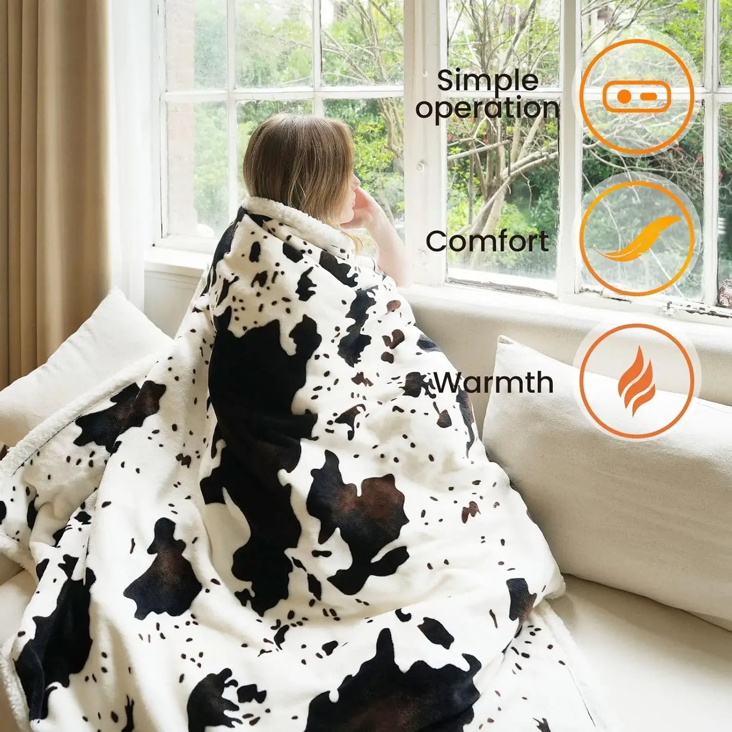Cow Print Heated Electric Blanket with 10 Heat Levels, Auto-Off, Washable Fleece, 62x84 Inches Peaceful Pleasures Health and Wellness