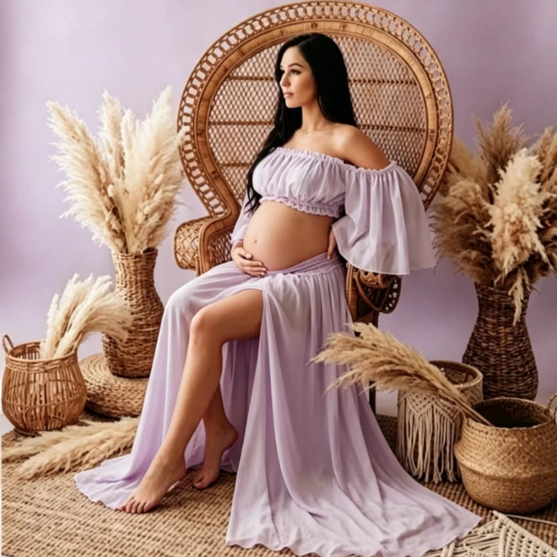 Two-Piece Maternity Photoshoot Dress, Off Shoulder Chiffon Crop Top + Flowing Maxi Skirt, Baby Shower Gown for Pregnant Women Peaceful Pleasures Health and Wellness 3XL lavender