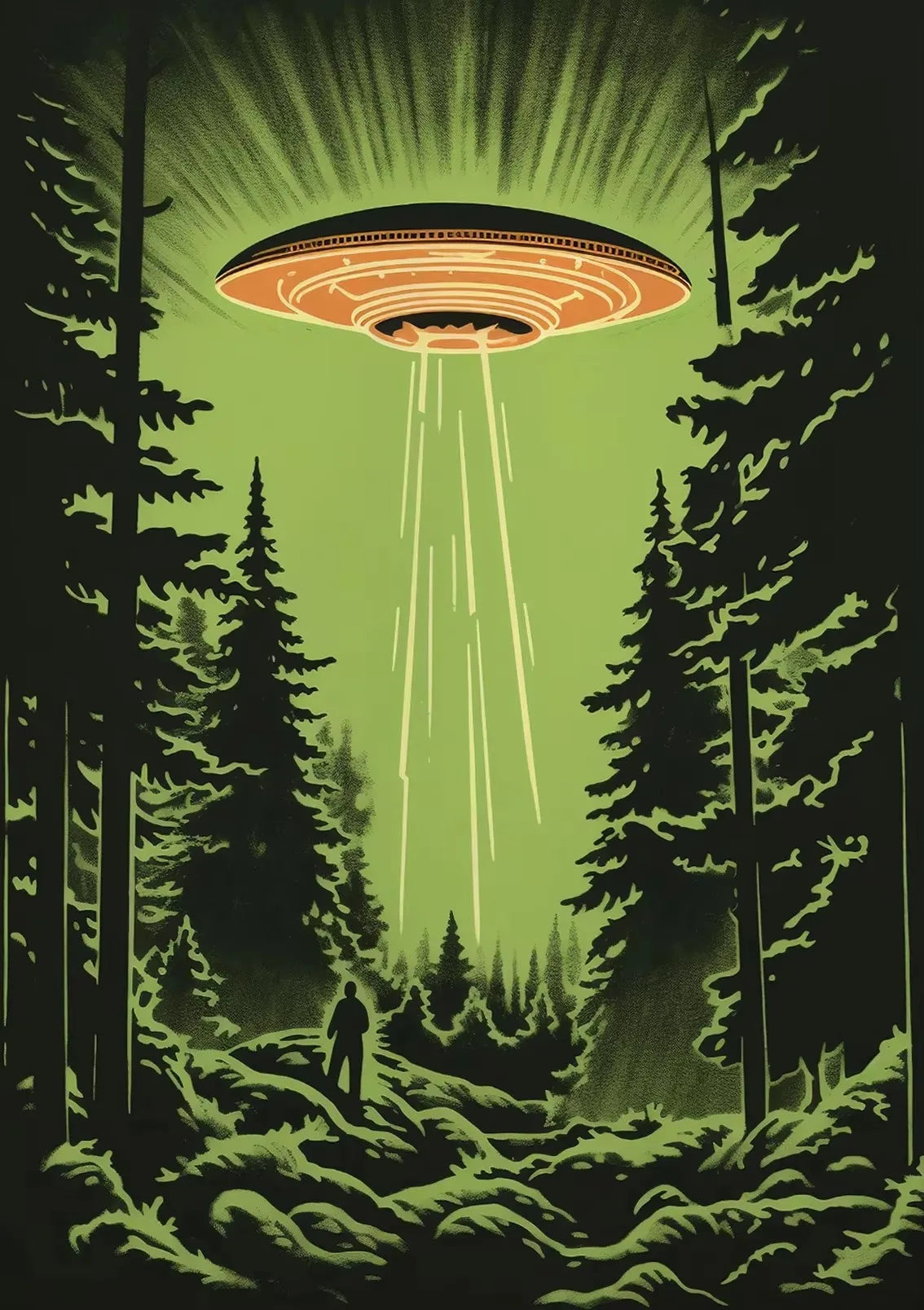 UFO Alien Cow Abduction Retro Sci-Fi Canvas Wall Art Poster