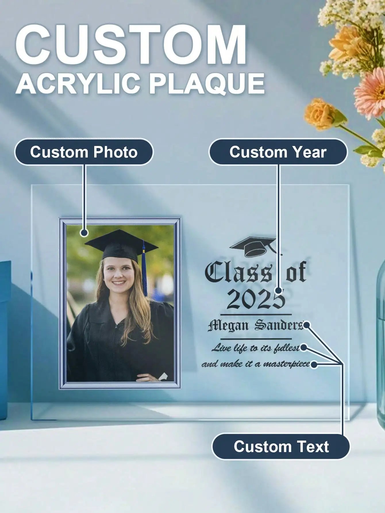 Custom Photo Acrylic Plaque Personalized Name Text Sign Graduation Gift Custom Portrait Frame Room Decor Gift for Her Him Peaceful Pleasures Health and Wellness Transparent color 20cm
