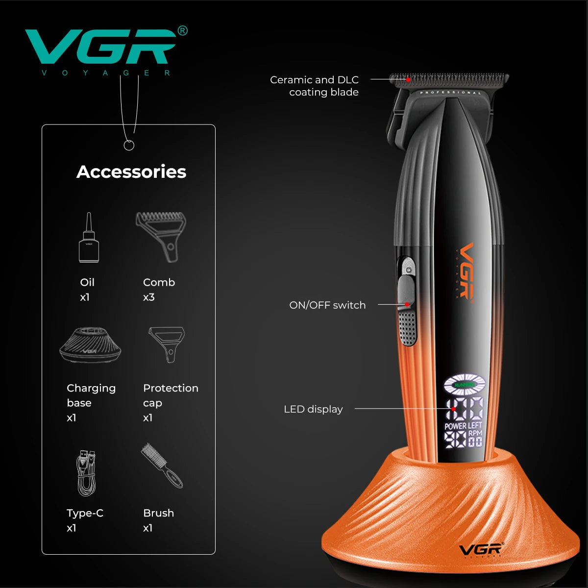VGR high-end electric hair clipper 9000 RPM professional grade hair trimmer gradient color metal body carving push shear V-889T Peaceful Pleasures Health and Wellness