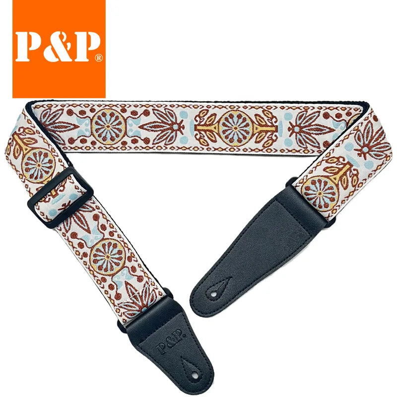 Guitar Strap Embroidered Belt Adjustable Jacquard Band Cotton Leather