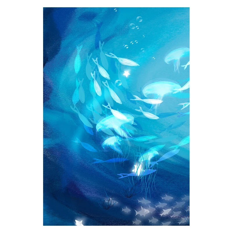 Abstract Poster Cartoon Blue Fish Group Canvas Painting Childlike Wall Art Pictures Print Room Decorative For Nursery Children Peaceful Pleasures Health and Wellness T3240-04 35x45cm