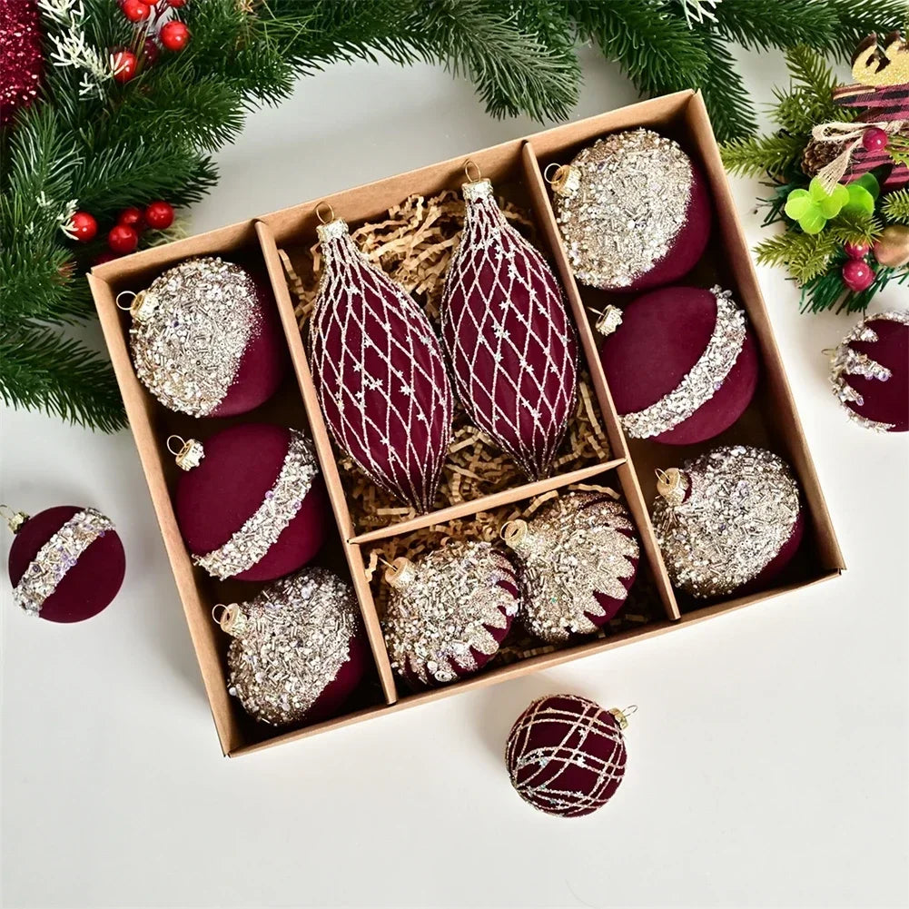 10-Pack 8cm Flocked Christmas Ball Ornaments | Red & Green