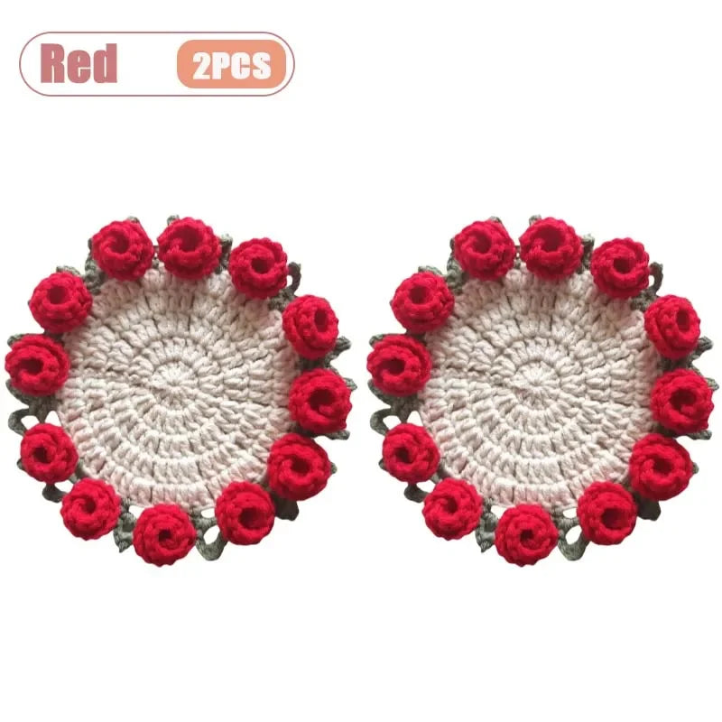 Hand Crochet Rose Flower Coasters | Heat Resistant Wool Mat Set
