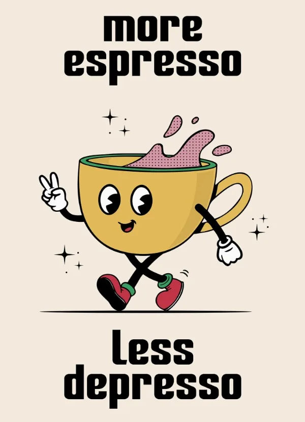 Retro Kitchen Food Cartoon Poster Character Coffee More Espresso Less Depresso Quotes Poster Wall Canvas Painting Room Decor Peaceful Pleasures Health and Wellness CJ50559 50x70cm Unframed