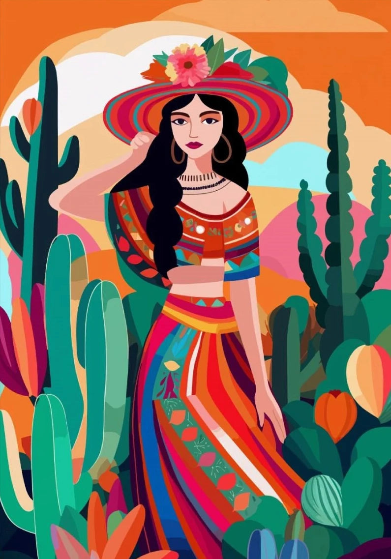 Latina Woman Floral Canvas Wall Art | Ethnic Maximalist Print
