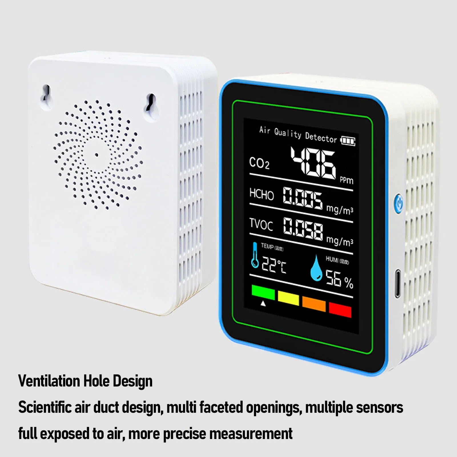 Air Quality Detector 5 in 1 LCD Color Screen Long Battery Life CO2 TVOC HCHO Meter Fast Data Refresh Rechargeable for Office Peaceful Pleasures Health and Wellness