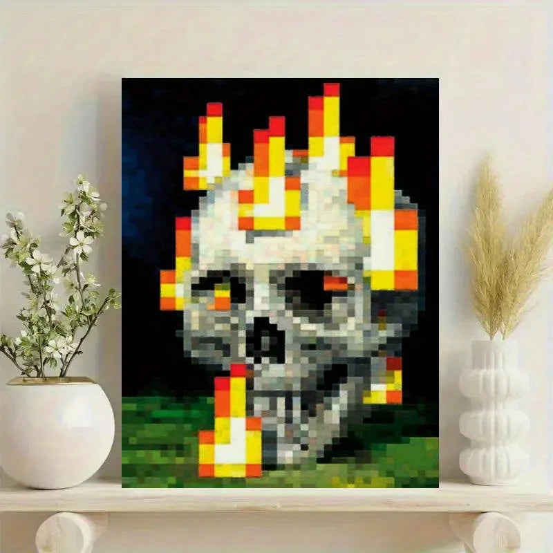 1pcs Vibrant Pixel Skull & Flames Canvas Poster - Unframed Art Print for Bedroom, Office, Living Room Decor, Skull Decor Peaceful Pleasures Health and Wellness