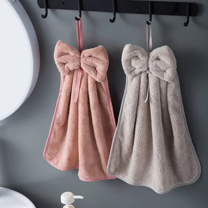Bow Hanging Hand Towel – Absorbent Coral Fleece Kitchen & Bath