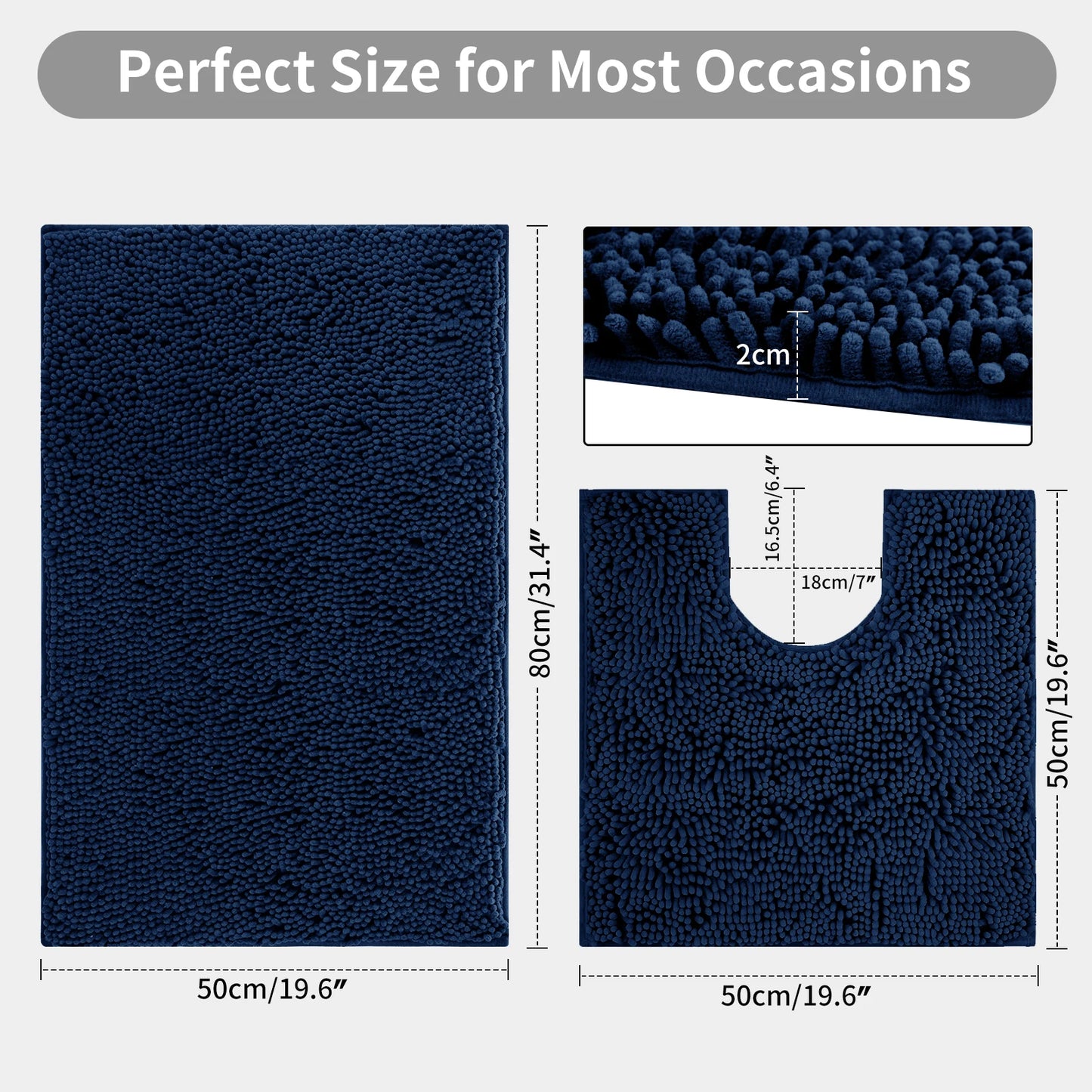 Pack of 2 Chenille Bath Mat Plush Carpet Bathroom Bathtub Floor Rug Room Living Room Entrance Super Absorbent Anti-Skid Foot Pad Peaceful Pleasures Health and Wellness Navy