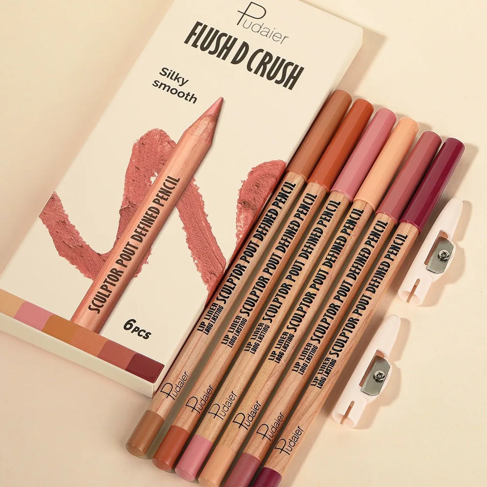 Pudaier Waterproof Matte Nude Lip Liner Set – 6 Pcs