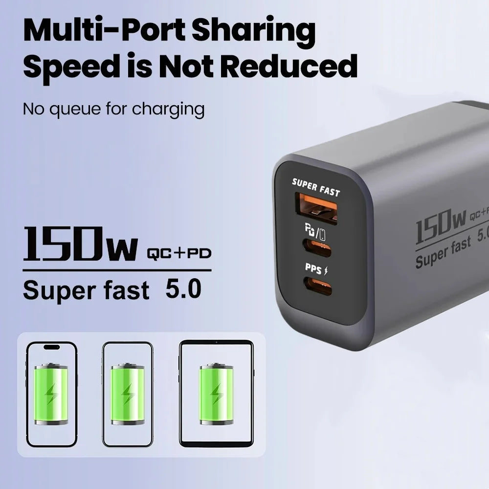 150W USB-C PD & QC3.0 Fast Charger | EU UK US Travel Adapter