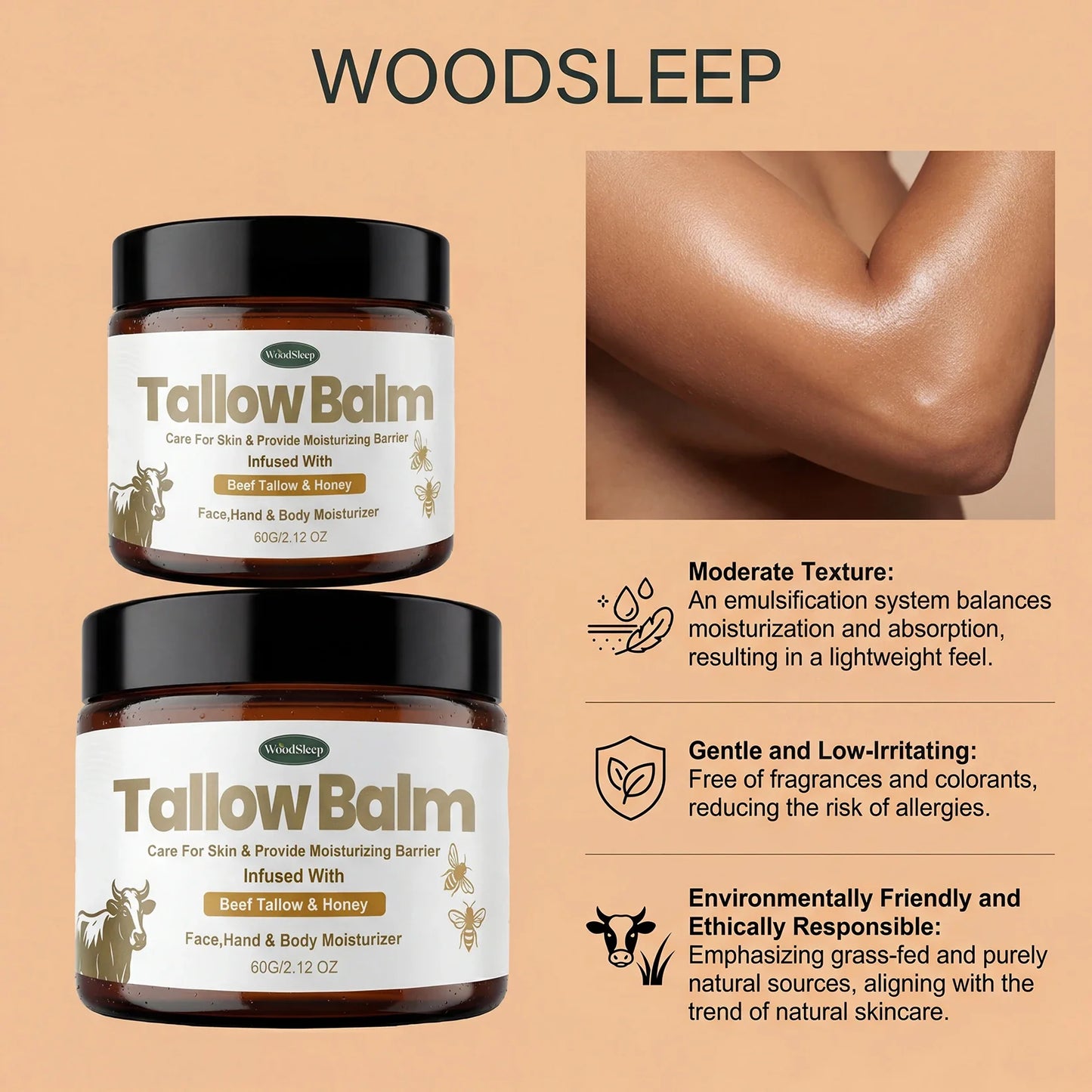 Woodsleep Beef Tallow & Honey Skin Balm – Hydrating Cream 60g