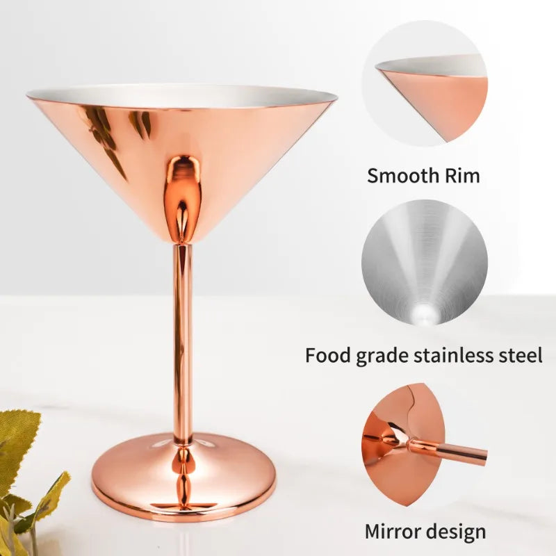 2PCS 304 Stainless Steel Martini Cocktail Glass Champagne Goblet Wine Cup Rose Gold Personalized Design Metal Utensils Peaceful Pleasures Health and Wellness
