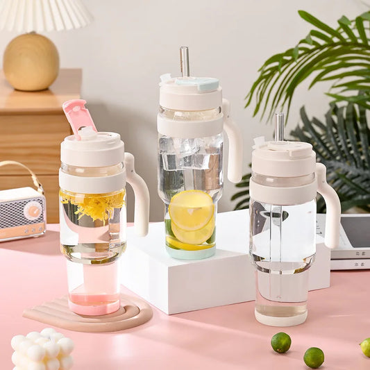 1000ml Cross Border Popular Large Capacity Flower Tea Cup, Straw Glass Cup, High Borosilicate Car Ice Cream Cup Peaceful Pleasures Health and Wellness