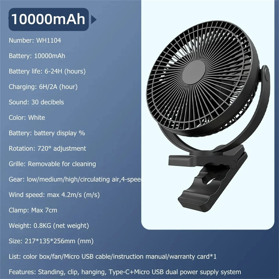 USB Charging Home Room Table Wireless Electric Fan 10000mAh Battery Outdoor Travel Portable Clip Ceiling Fan 4 Speed Adjusted Peaceful Pleasures Health and Wellness 10000mAh Black
