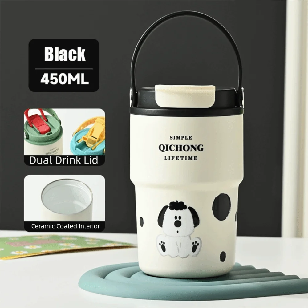 New Ceramic Liner Insulated Cup 450ML Handle Vacuum Mug Double drinking straw Water Bottle Gifts Peaceful Pleasures Health and Wellness Black-450ml <50ml