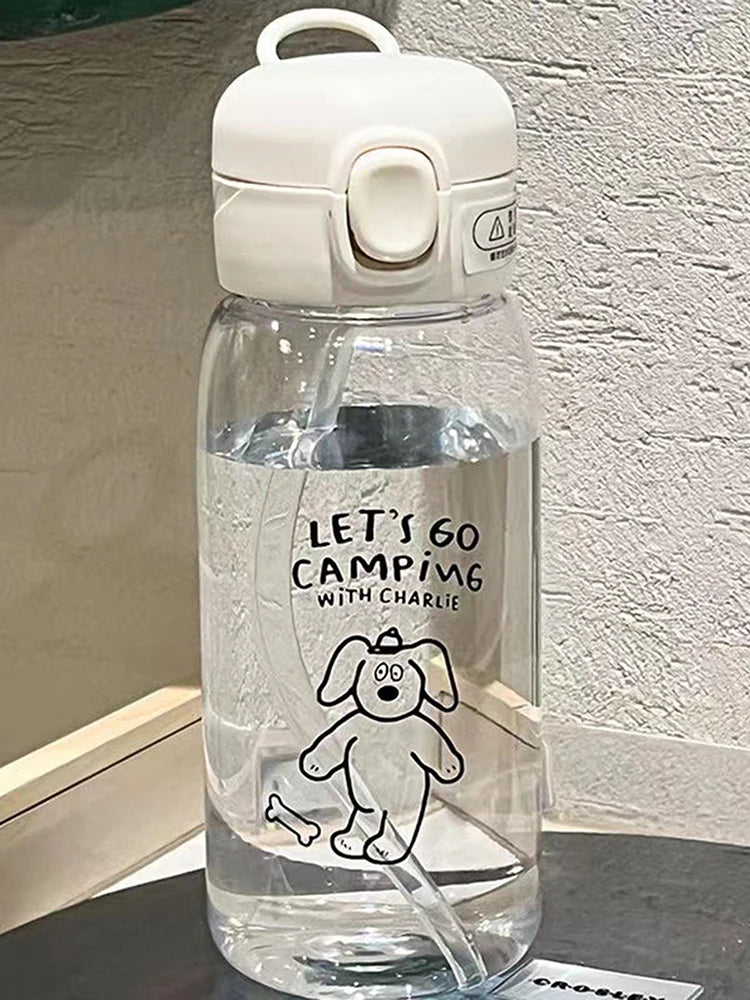 Plastic Water Bottle Water Cup With Straw Simple Large Capacity Portable Drop Resistant And Portable Cup Cartoon Ice Suction Cup Peaceful Pleasures Health and Wellness dog 0.6L