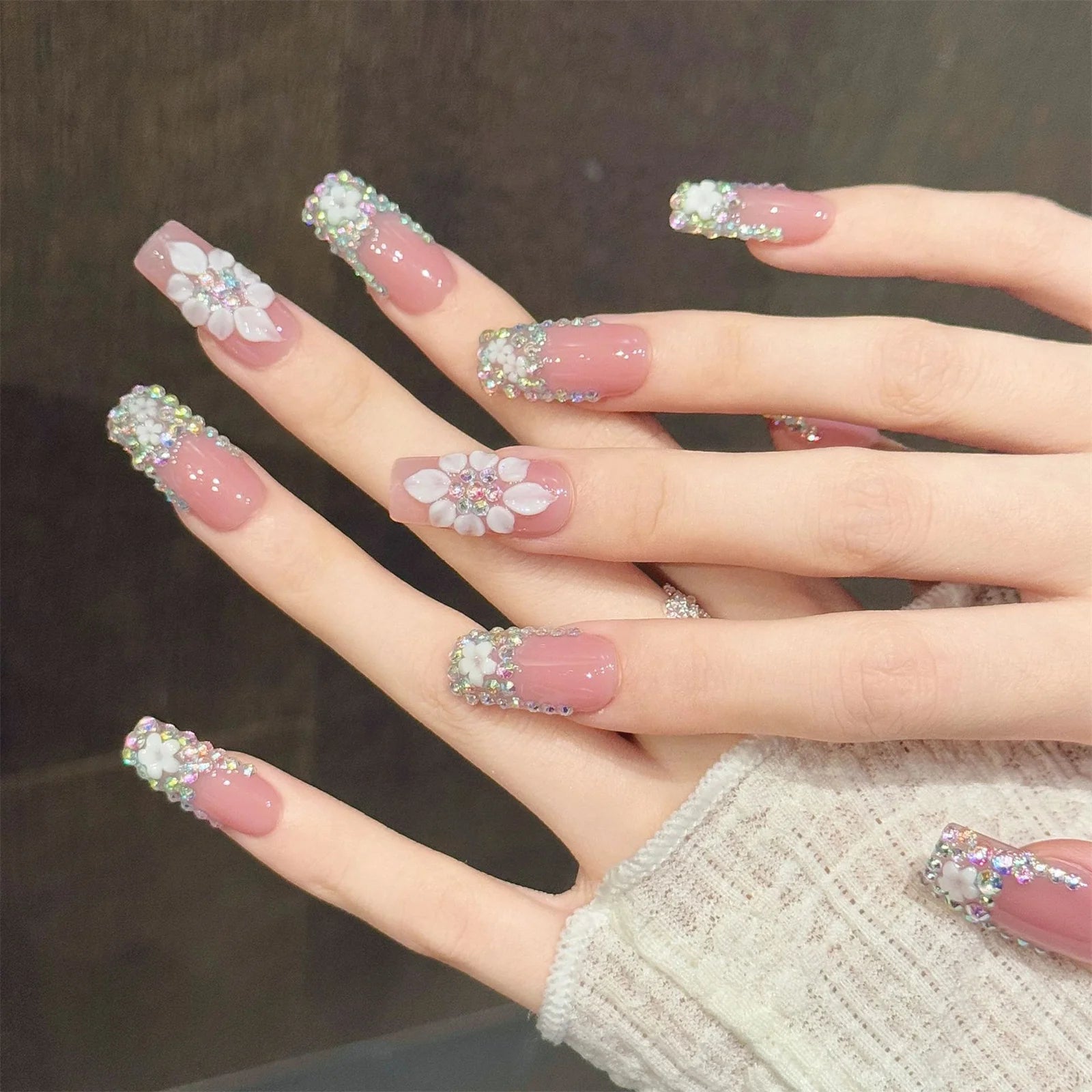 Handmade Press On Nails Nude Pink False Nails 3D Carved Flowers Rhinestones Design Long Square Fake Nails For Party Women 10pcs Peaceful Pleasures Health and Wellness