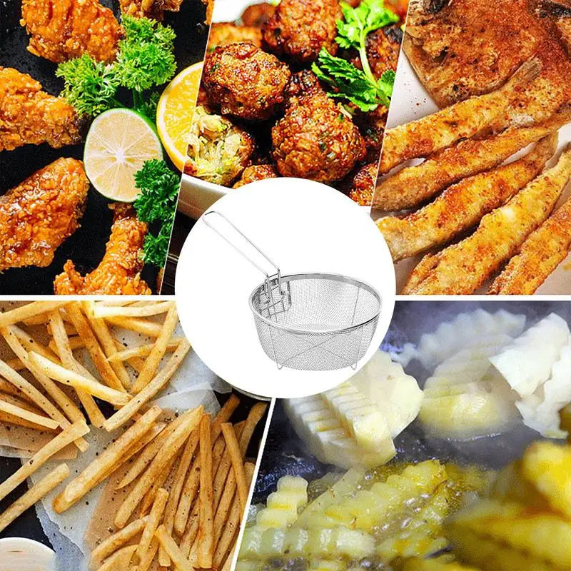 Stainless Steel Deep Fry Basket Round Wire Presentation With Detachable Handle Stainless Steel Drain Basket Fryer Skimmer Peaceful Pleasures Health and Wellness