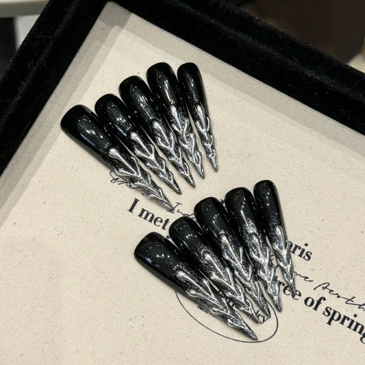 10pcs Handmade Gothic Punk Press on Nails Dark Metal Long Pointed Fake Nails for Women Girl Wearable Spice Girl False Nail Tips Peaceful Pleasures Health and Wellness XS
