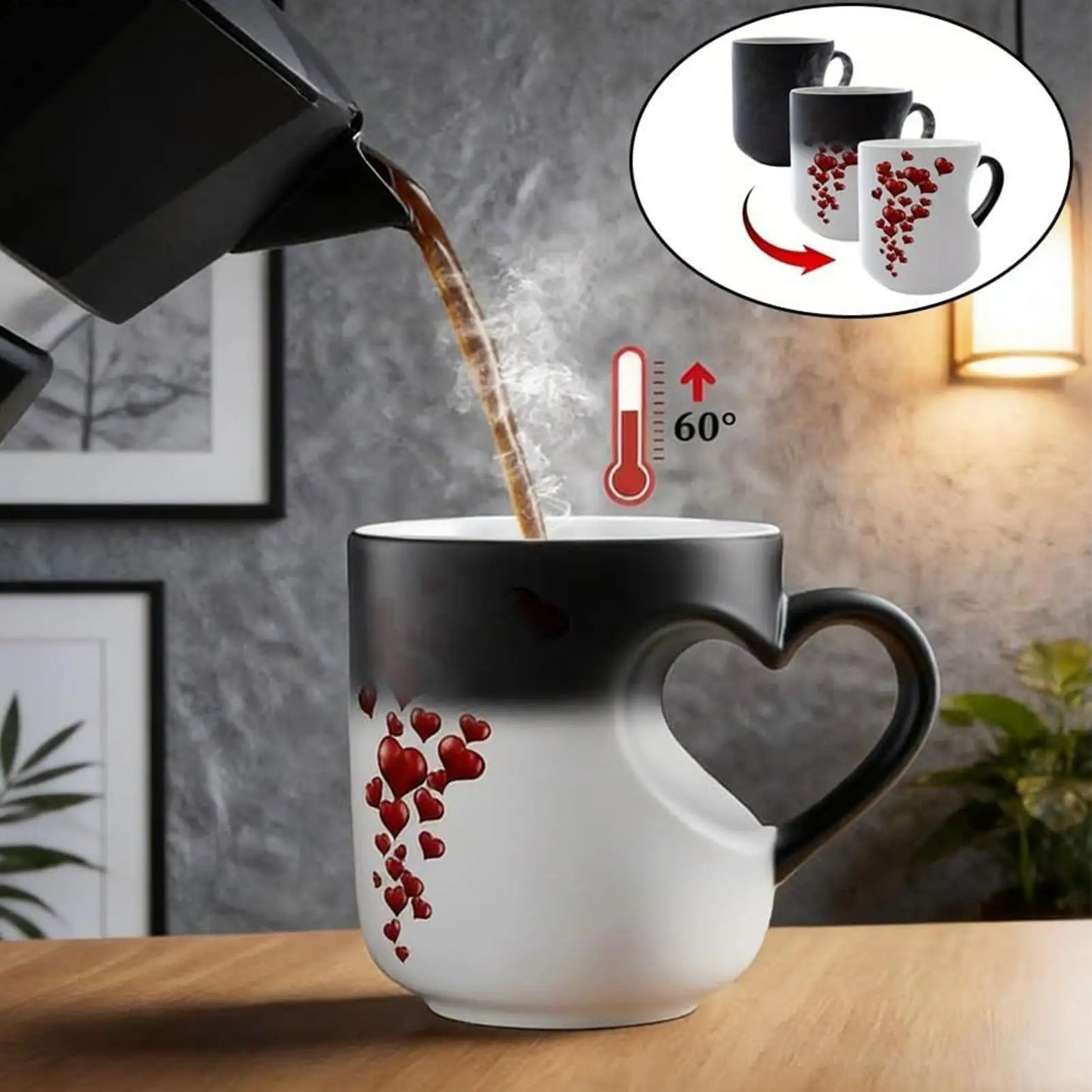 Heat Sensitive Color Changing Magic Mug with Romantic Heart Handle Cute Gift for Birthday Anniversary Valentine's Day Coffee Cup Peaceful Pleasures Health and Wellness