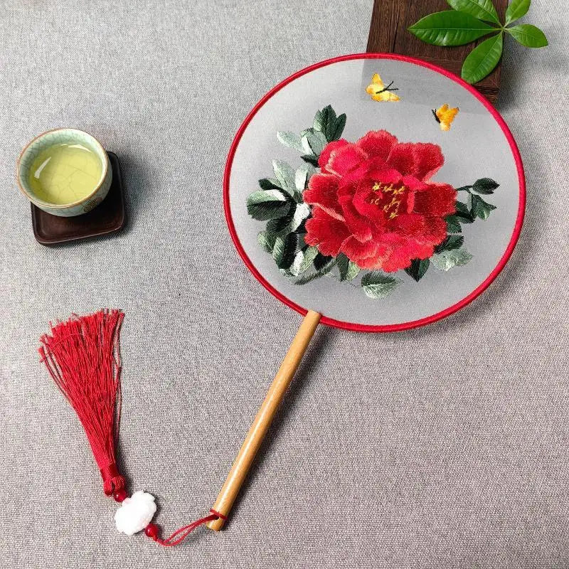 Su Embroidery Silk Round Hand Fan – Wooden Handle & Tassel