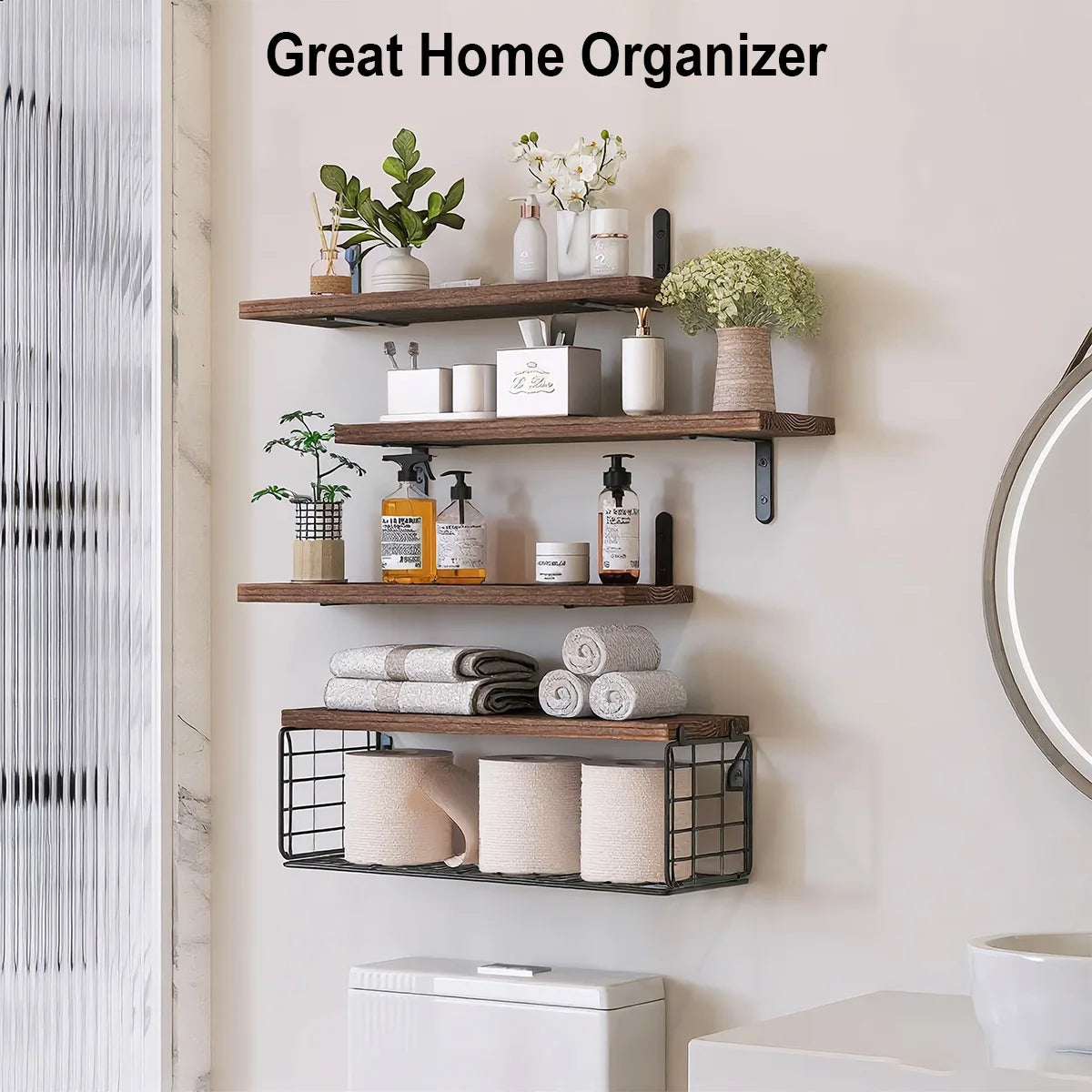 Bathroom Shelves Over Toilet with Storage Basket, Floating Wall Shelf for Home Organization & Wall Decor, Bathroom/Kitchen Peaceful Pleasures Health and Wellness