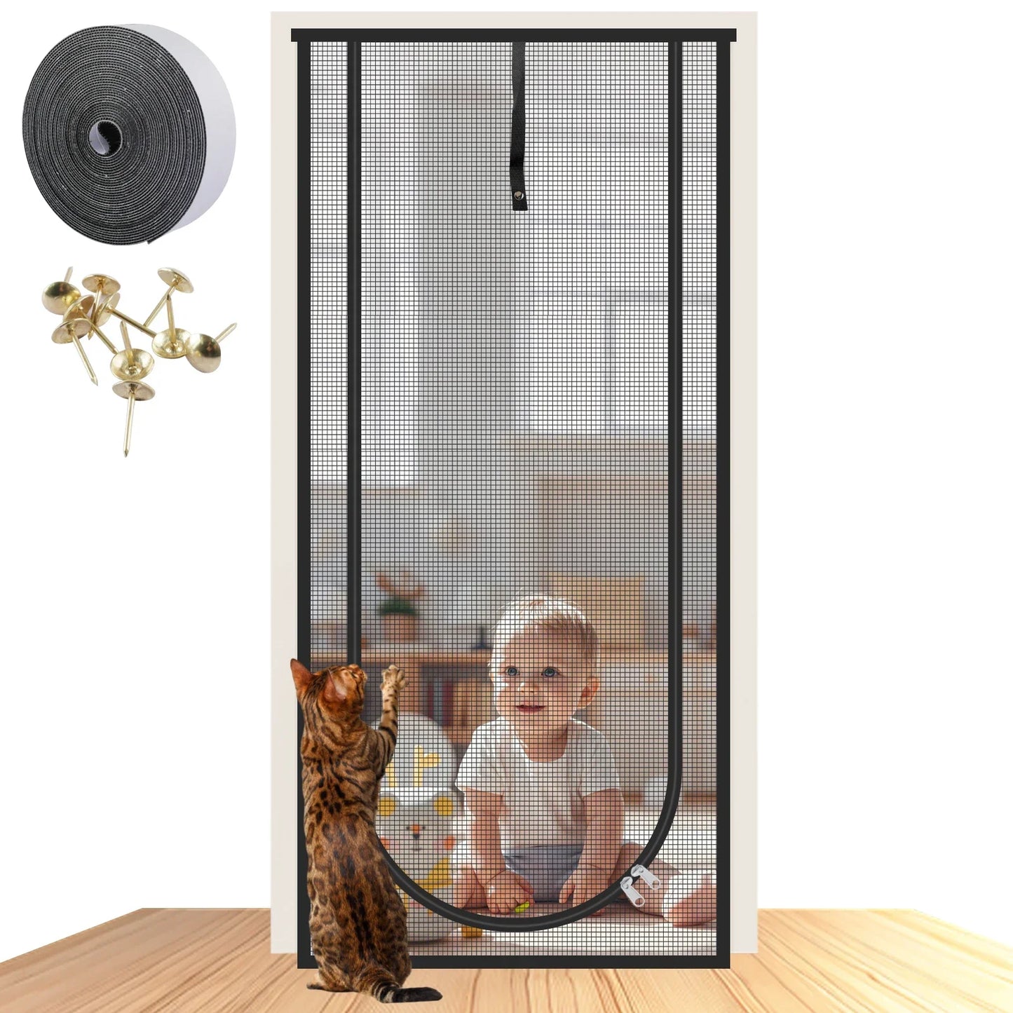 Heavy Duty Pet Screen Door 32x82" Scratch-Proof Mesh & Zipper